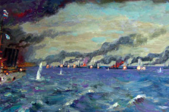 Бой крейсера «Варяг» с 14 японскими кораблями 27 января 1904 г. под Чемульпо. 2003. Холст, масло, 72х195